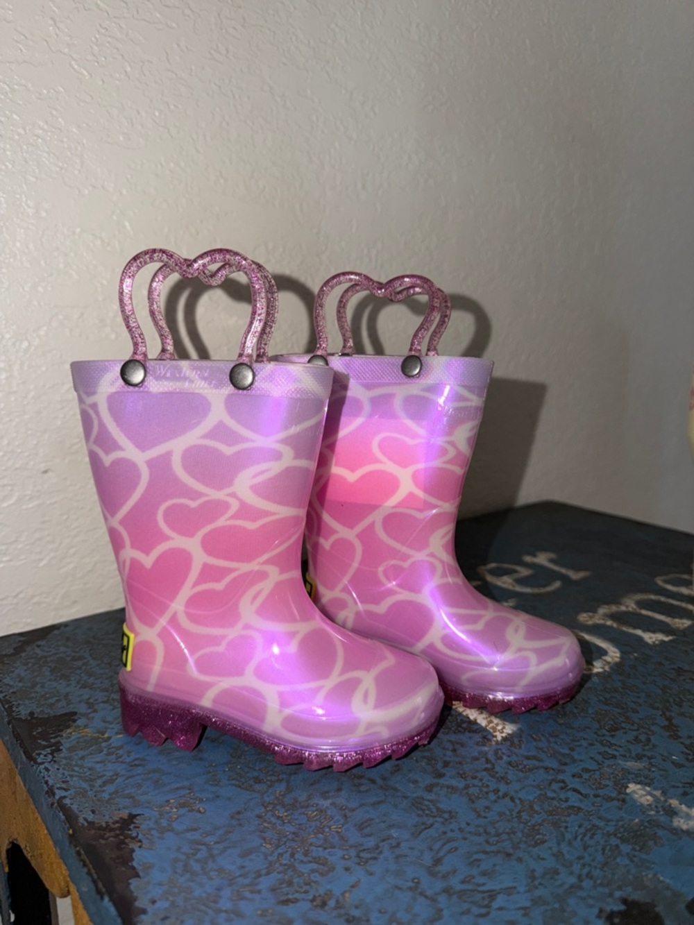 Western Cheif Pink & Lavender Heart Rain Boots with Glitter Heart Handles